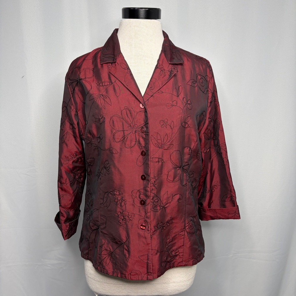 Anne Carson Burgundy 100% Silk Floral Embroidered Lined Blouse Top Large